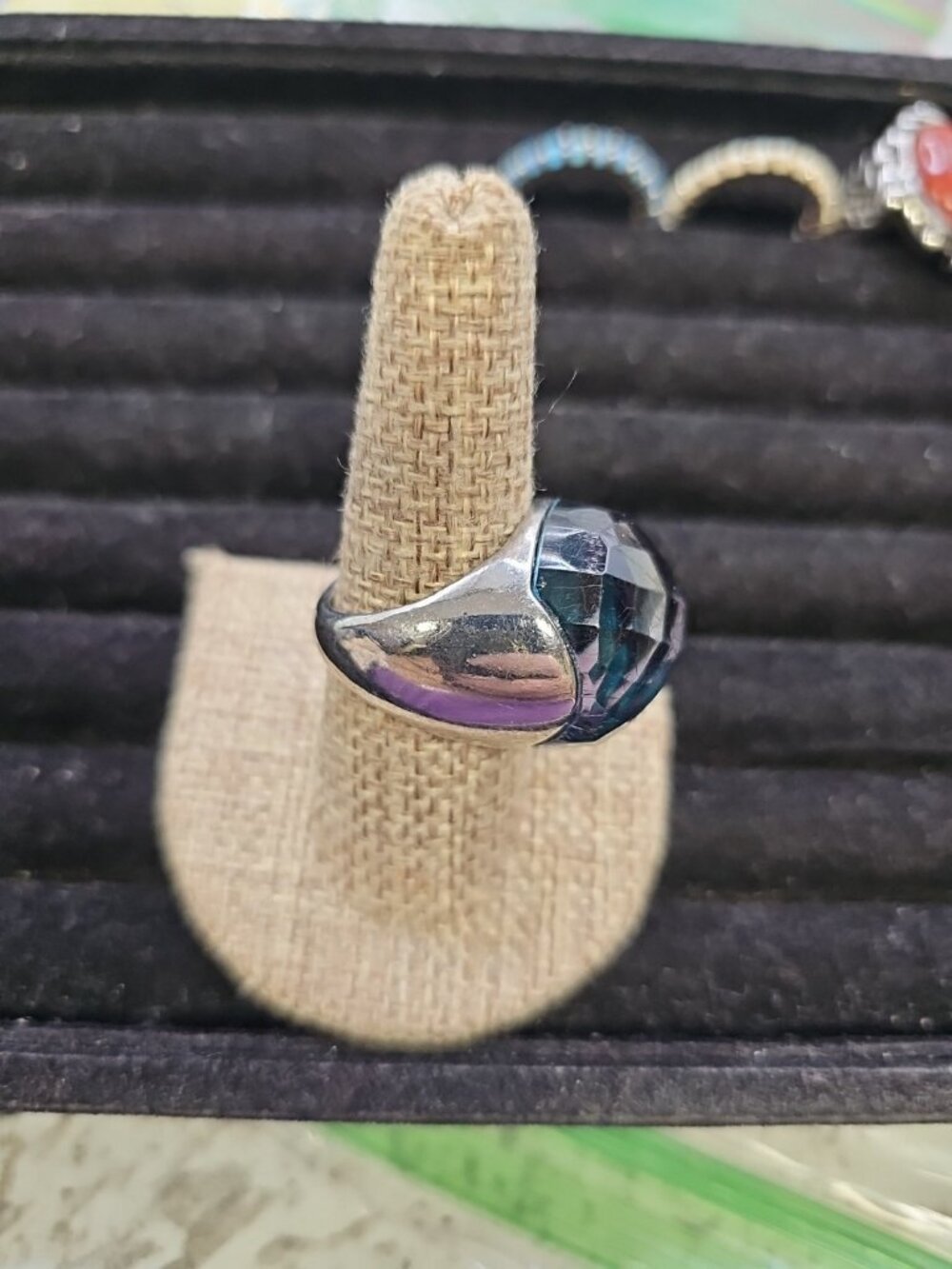 silvertone ring size 8.75 Silver Tone Blue Stone Avon & Mark